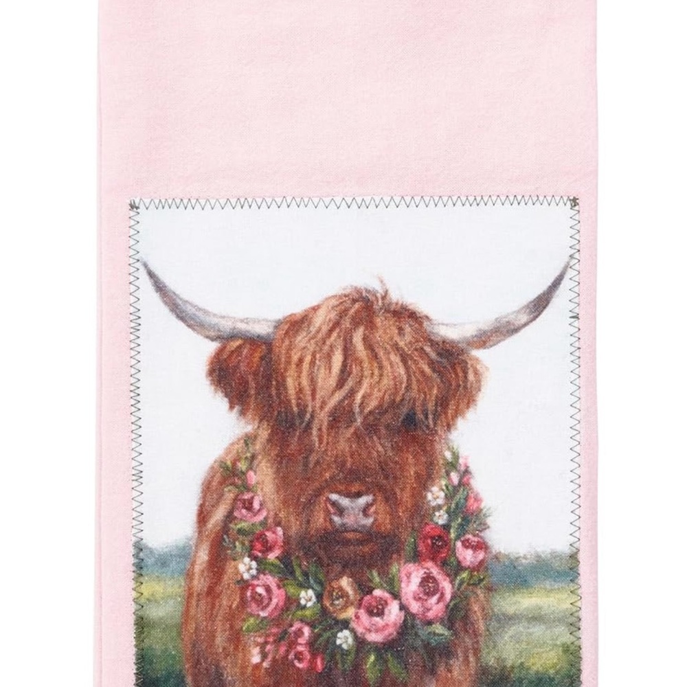 Primitives by Kathy Pink Kitchen Towel with Highland Cow Design